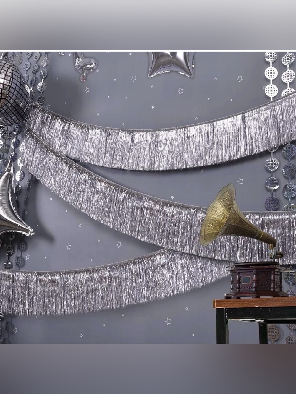 Silver Metallic Party Foil Fringe Banner Garland– Party Decoration, 9.84”x118”